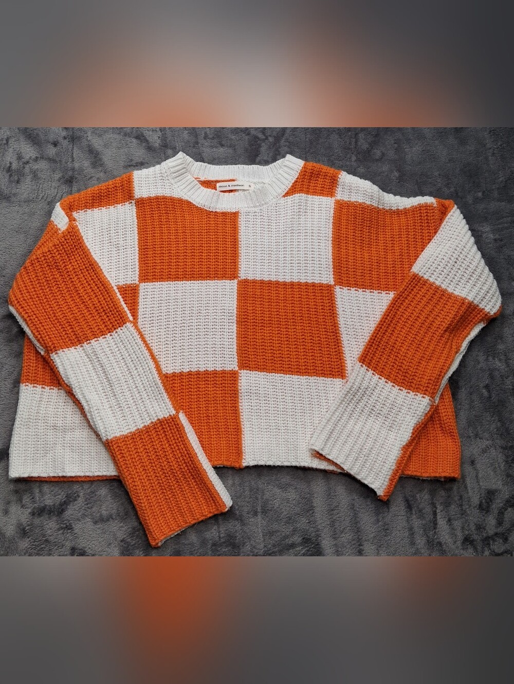 moon & madison Orange and White Checkerboard Crewneck Sweater